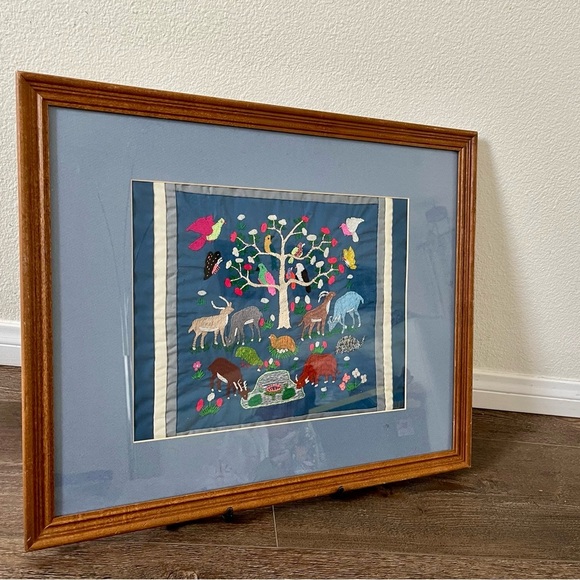 Framed Embroidered Animal Tree Art in Blue Mat 18/22 Inch - Picture 9 of 11